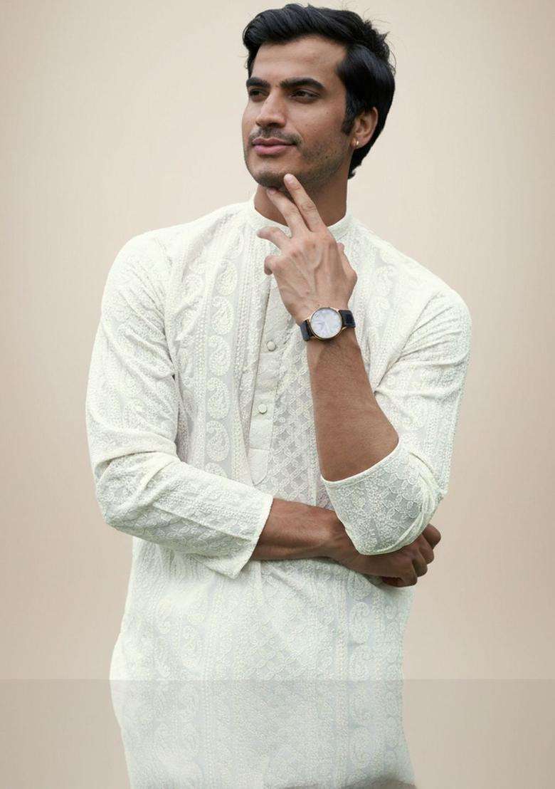 Off White Embroidered Cotton Kurta Set For Men - Indya