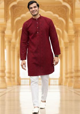 Maroon Self Design Cotton Kurta Set For Men