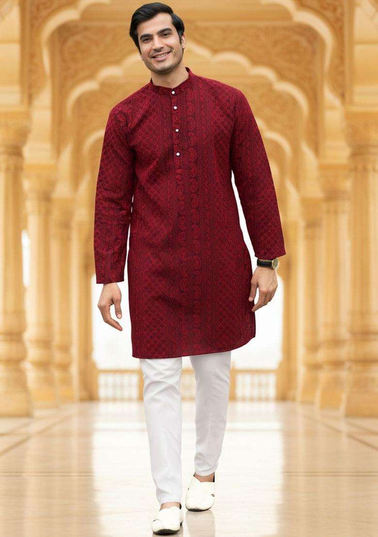 Maroon Self Design Cotton Kurta Set For Men - Indya