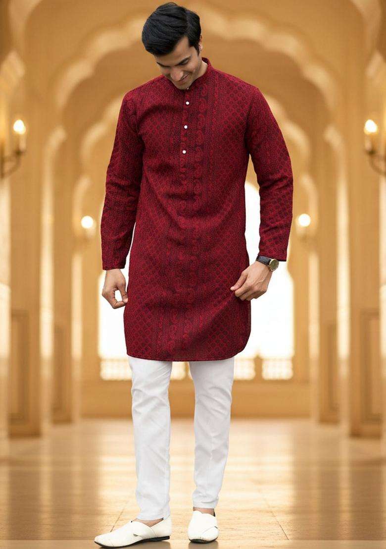 Maroon Self Design Cotton Kurta Set For Men - Indya