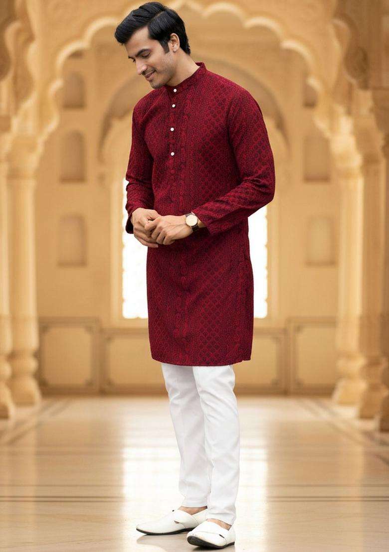 Maroon Self Design Cotton Kurta Set For Men - Indya