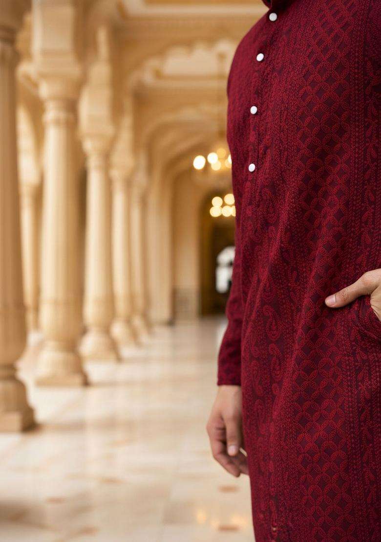 Maroon Self Design Cotton Kurta Set For Men - Indya