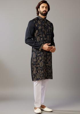 Black Embroidered Polyester Kurta Set For Men