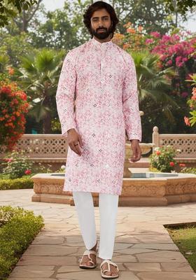 Pink Printed Cotton Kurta Set For Men