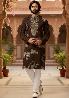 Brown Embroidered Silk Kurta Set For Men