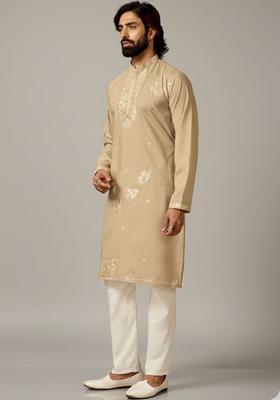 Beige Embroidered Cotton Kurta Set For Men