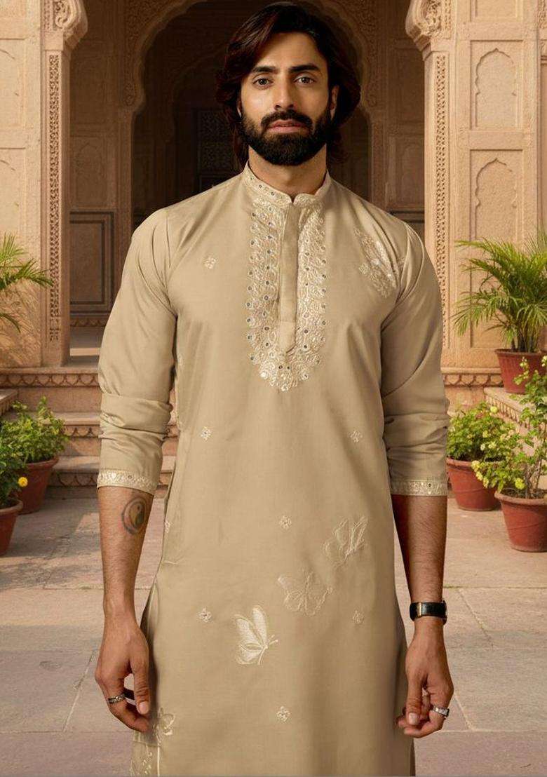 Beige Embroidered Cotton Kurta Set For Men - Indya