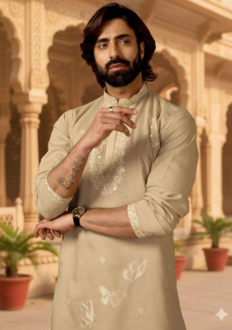 Beige Embroidered Cotton Kurta Set For Men - Indya