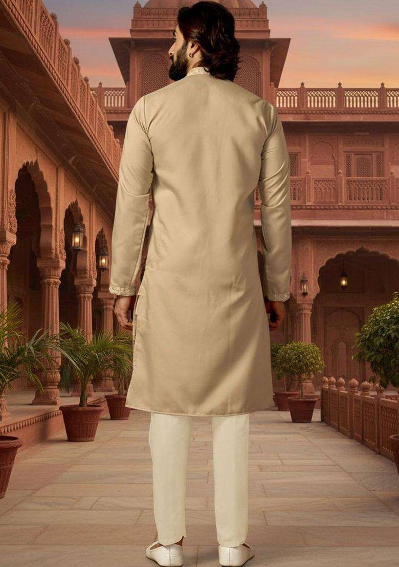 Beige Embroidered Cotton Kurta Set For Men - Indya