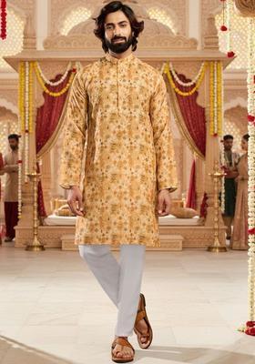 Yellow Printed Silk Blend Kurta Set For Men