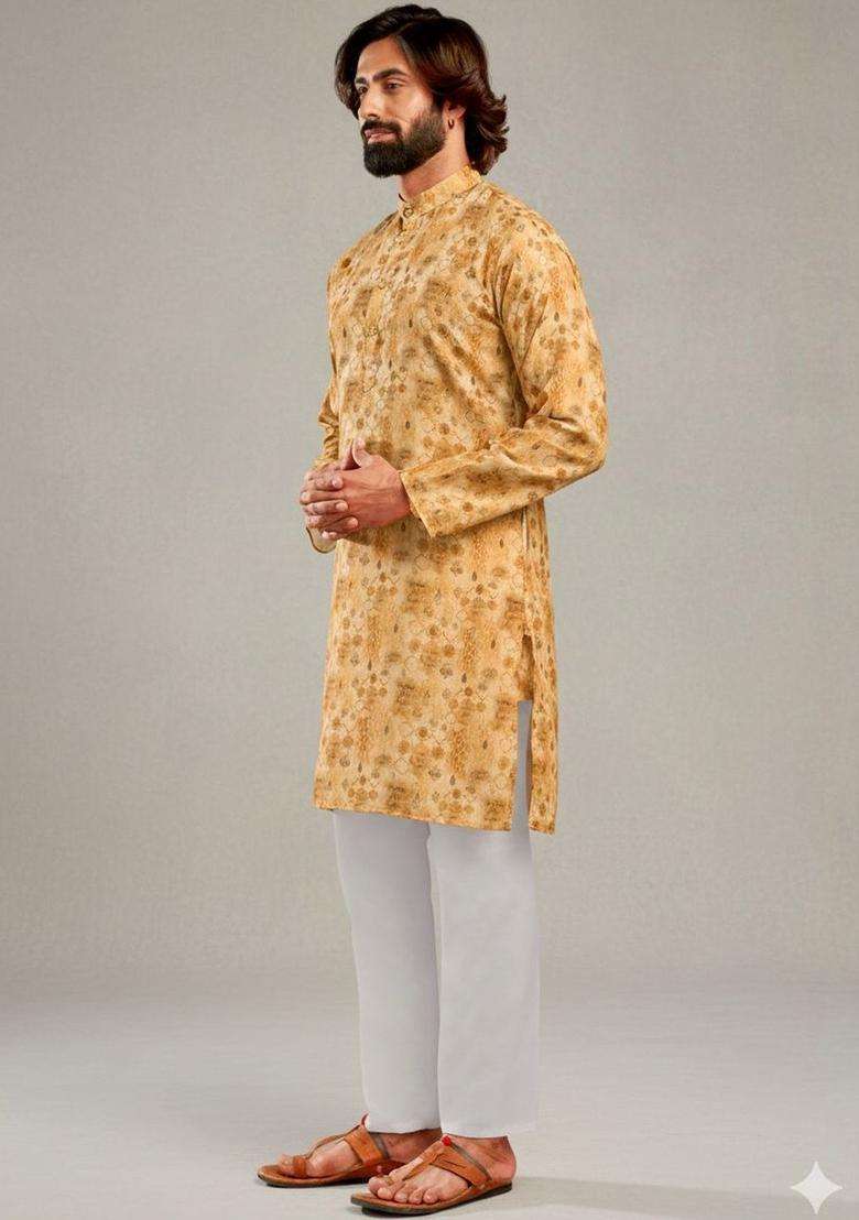 Yellow Printed Silk Blend Kurta Set For Men - Indya