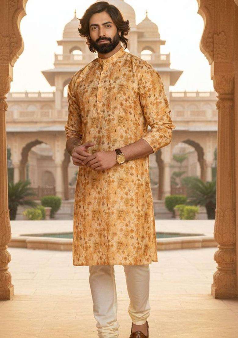 Yellow Printed Silk Blend Kurta Set For Men - Indya