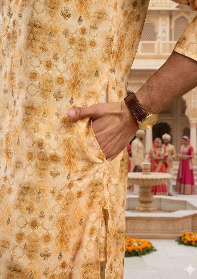 Yellow Printed Silk Blend Kurta Set For Men - Indya