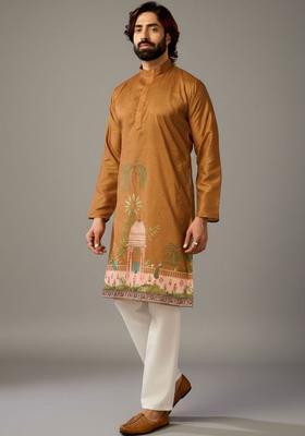 Brown Printed Cotton Kurta Set For Men