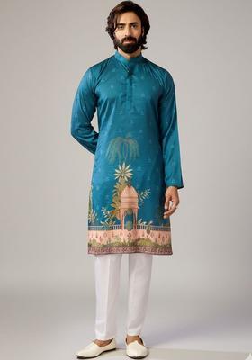 Teal Printed Polyester Kurta Set For Men