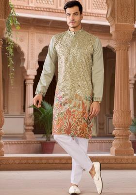 Olive Embroidered Cotton Kurta Set For Men