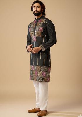 Black Embroidered Polyester Kurta Set For Men