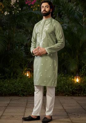 Olive Embroidered Cotton Kurta Set For Men