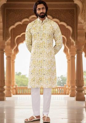 White Printed Silk Kurta Set For Men