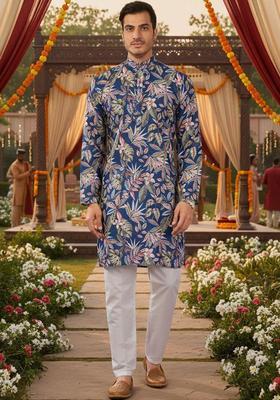 Blue Printed Polyester Kurta Set For Men