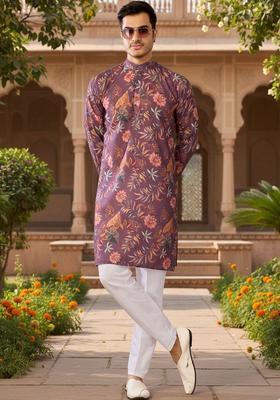 Purple Printed Cotton Kurta Set For Men