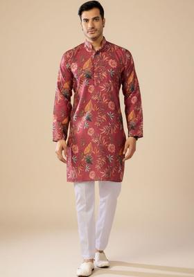 Red Printed Silk Kurta Set For Men