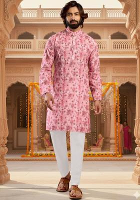 Pink Printed Cotton Kurta Set For Men