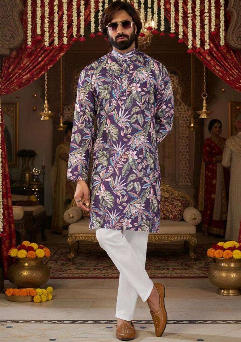 Purple Printed Silk Blend Kurta Set For Men - Indya