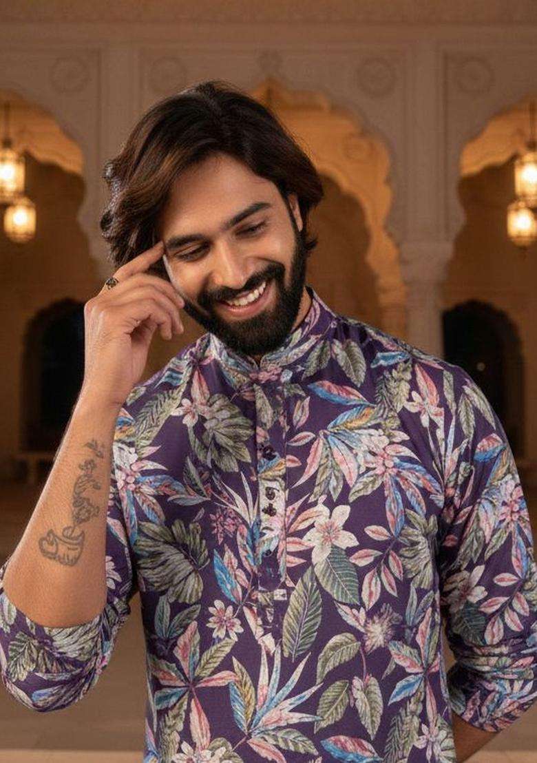 Purple Printed Silk Blend Kurta Set For Men - Indya