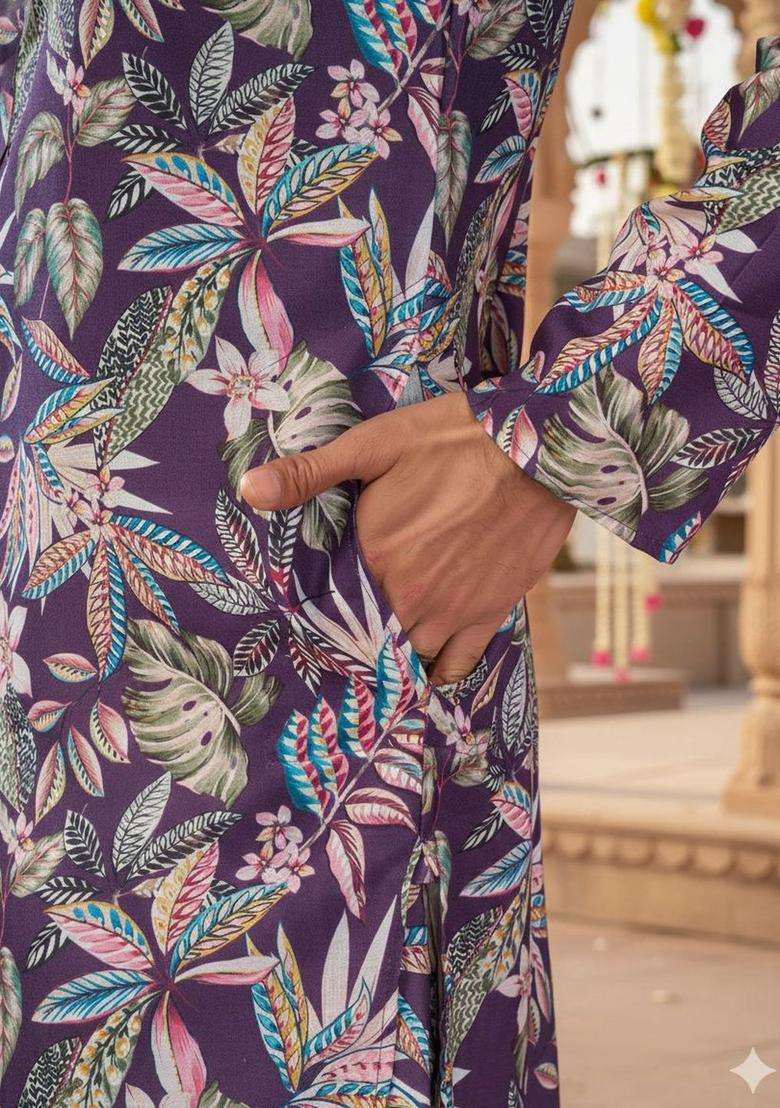 Purple Printed Silk Blend Kurta Set For Men - Indya