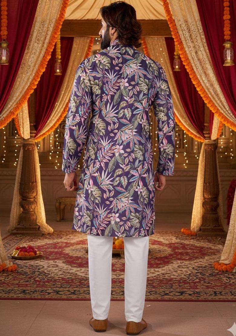 Purple Printed Silk Blend Kurta Set For Men - Indya