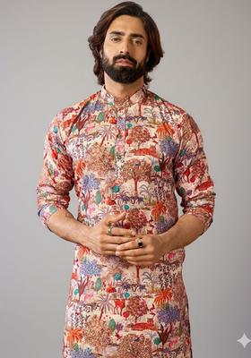 Multi Printed Cotton Kurta Set For Men