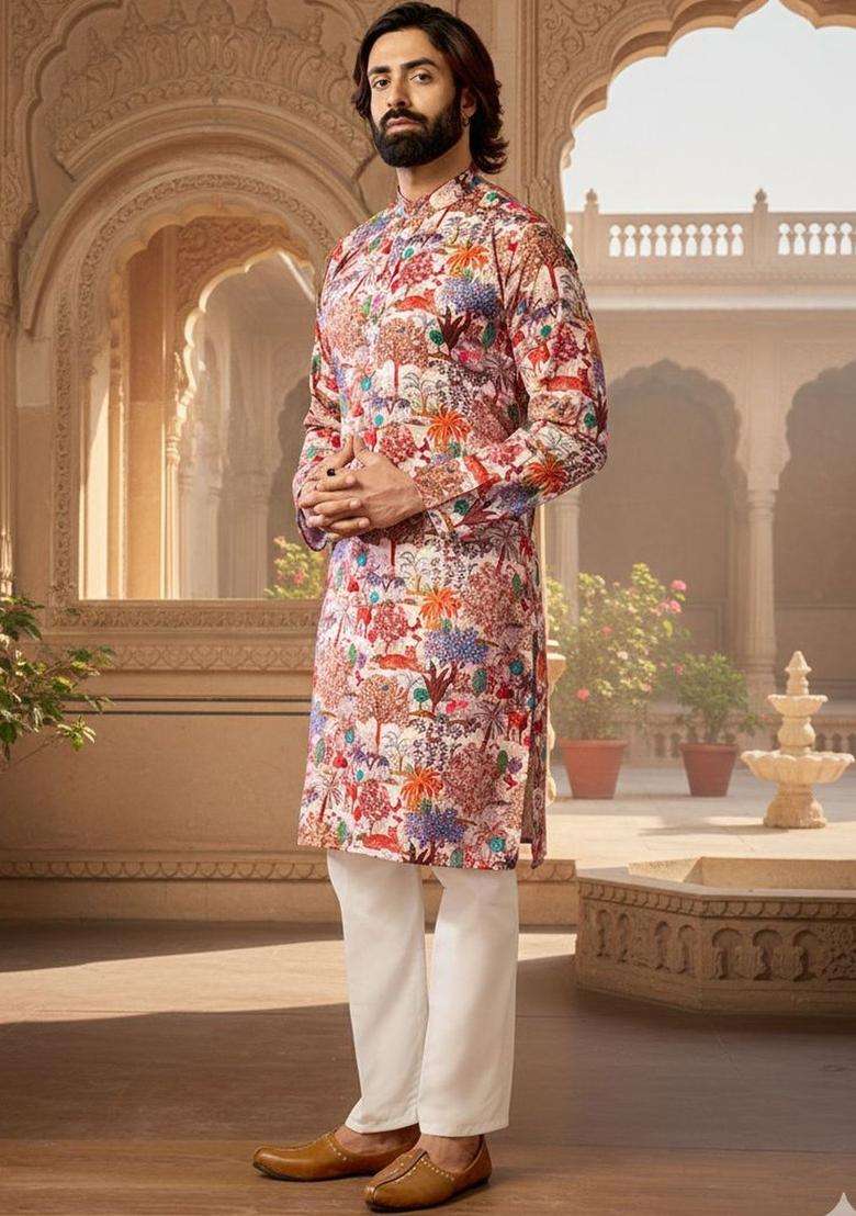 Multi Printed Cotton Kurta Set For Men - Indya