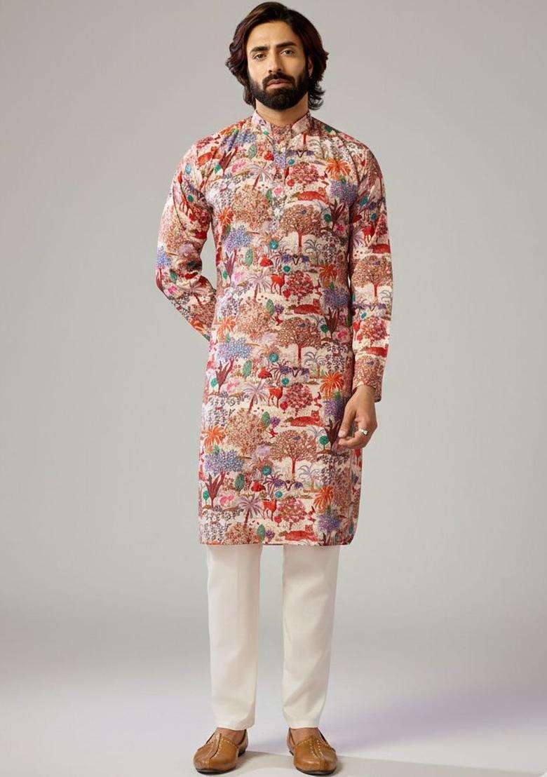 Multi Printed Cotton Kurta Set For Men - Indya