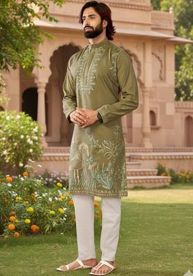 Olive Embroidered Cotton Kurta Set For Men