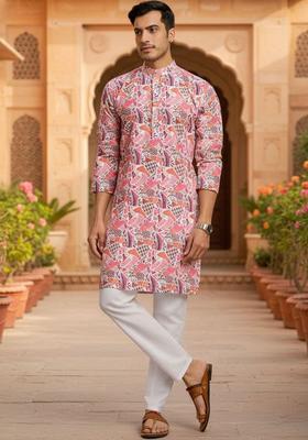 Pink Printed Silk Kurta Set For Men