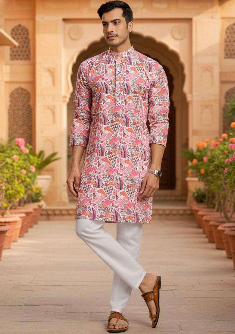 Pink Printed Silk Blend Kurta Set For Men - Indya