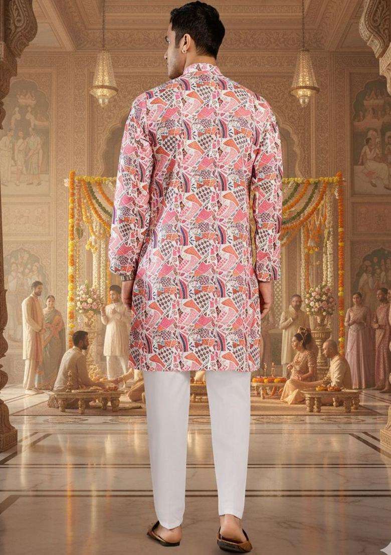 Pink Printed Silk Blend Kurta Set For Men - Indya