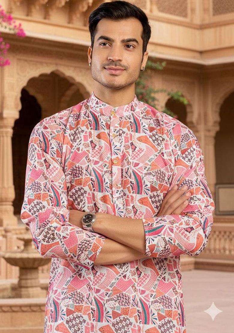 Pink Printed Silk Blend Kurta Set For Men - Indya