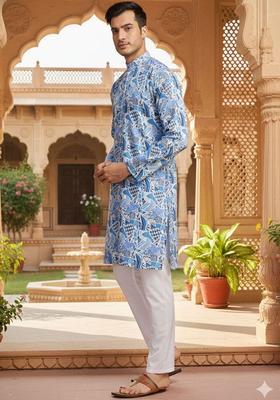Blue Printed Silk Kurta Set For Men