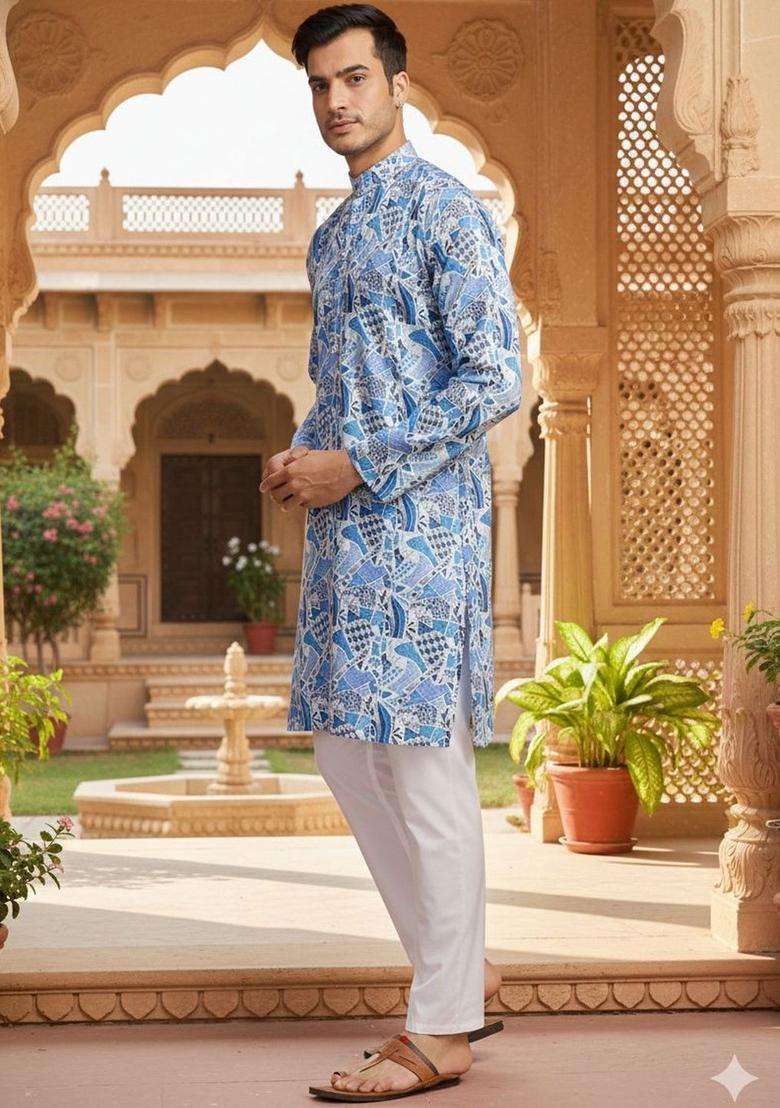 Blue Printed Silk Blend Kurta Set For Men - Indya
