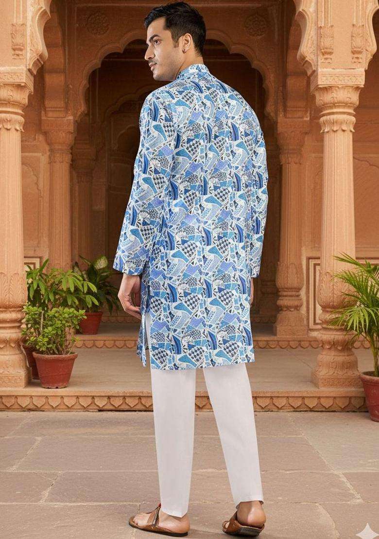 Blue Printed Silk Blend Kurta Set For Men - Indya