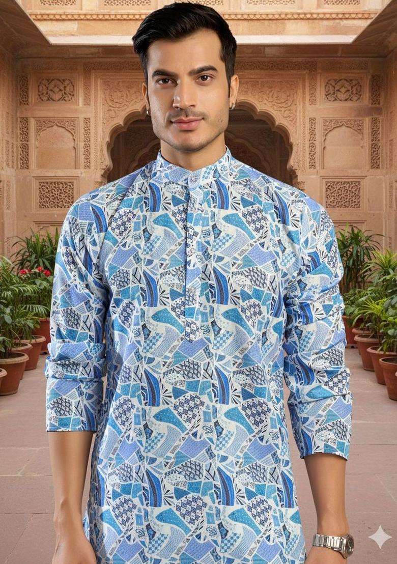 Blue Printed Silk Blend Kurta Set For Men - Indya
