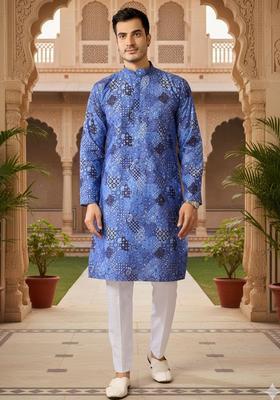 Blue Printed Silk Kurta Set For Men
