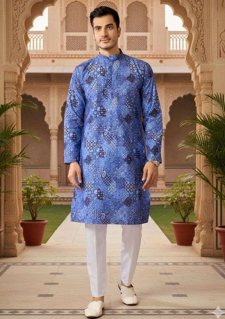 Blue Printed Silk Blend Kurta Set For Men - Indya