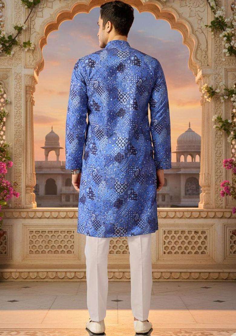 Blue Printed Silk Blend Kurta Set For Men - Indya