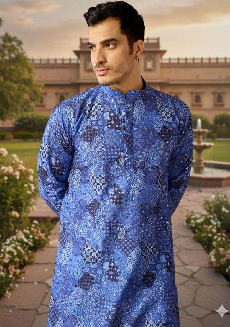 Blue Printed Silk Blend Kurta Set For Men - Indya