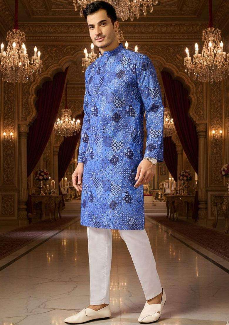 Blue Printed Silk Blend Kurta Set For Men - Indya