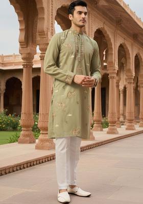 Olive Embroidered Cotton Kurta Set For Men