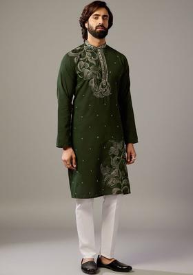 Olive Embroidered Silk Kurta Set For Men